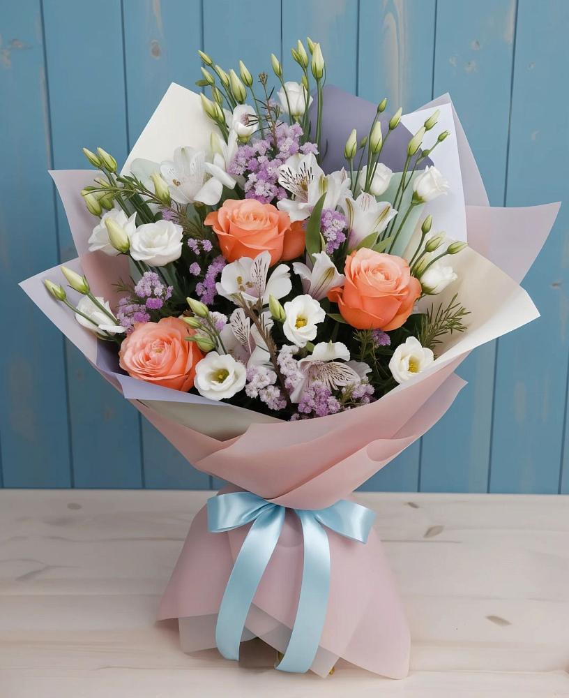 Букет цветов из: Лизиантусы, Розы, Альстромерии и Гипсофила в Зольской