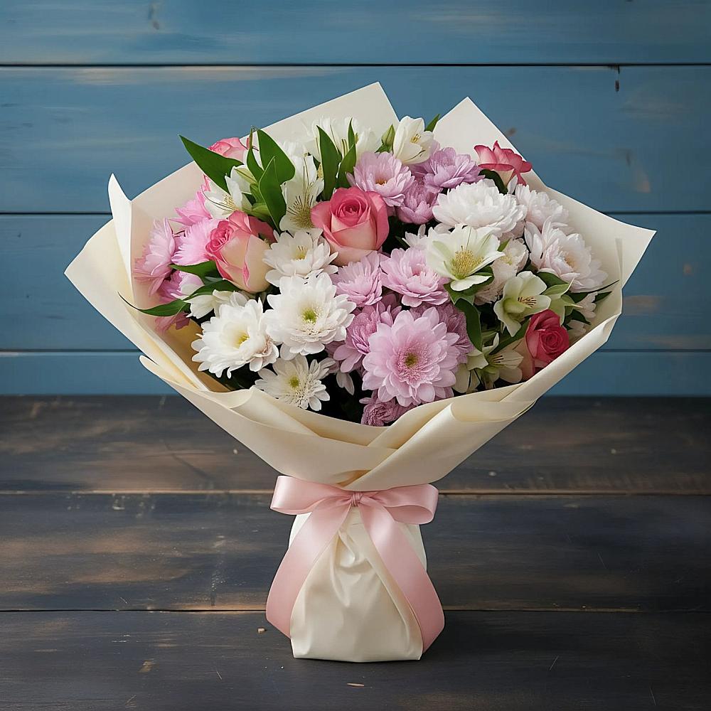 Букет цветов из: Хризантемы, Альстромерии и Розы в Зольской